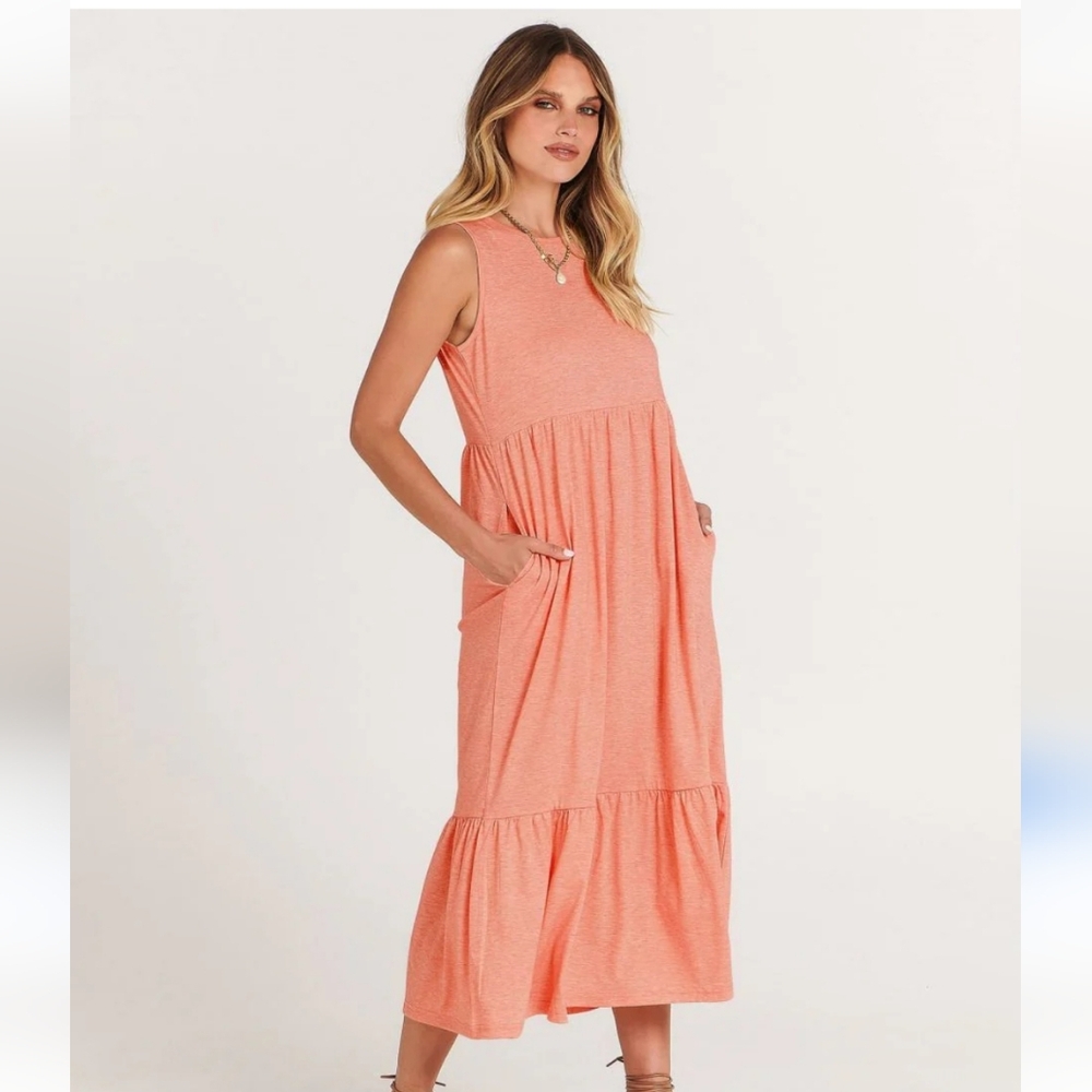 Anrabess Flowy Tiered Sleeveless V-neck  Coral Maxi Dress Size XL PTP 23 Inches